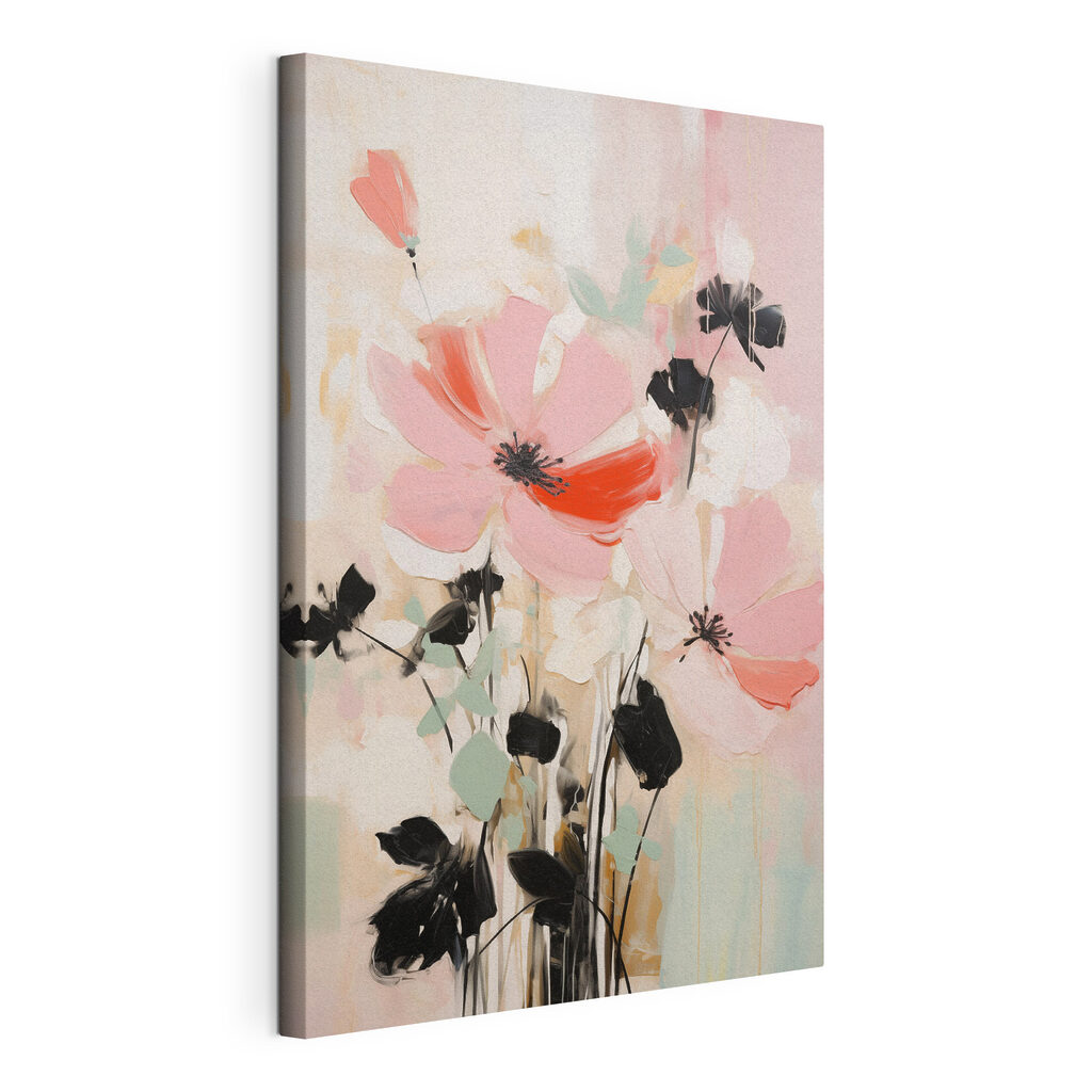 Schilderij van bloemen op een witte ondergrond, gespannen canvas met doorlopende rand