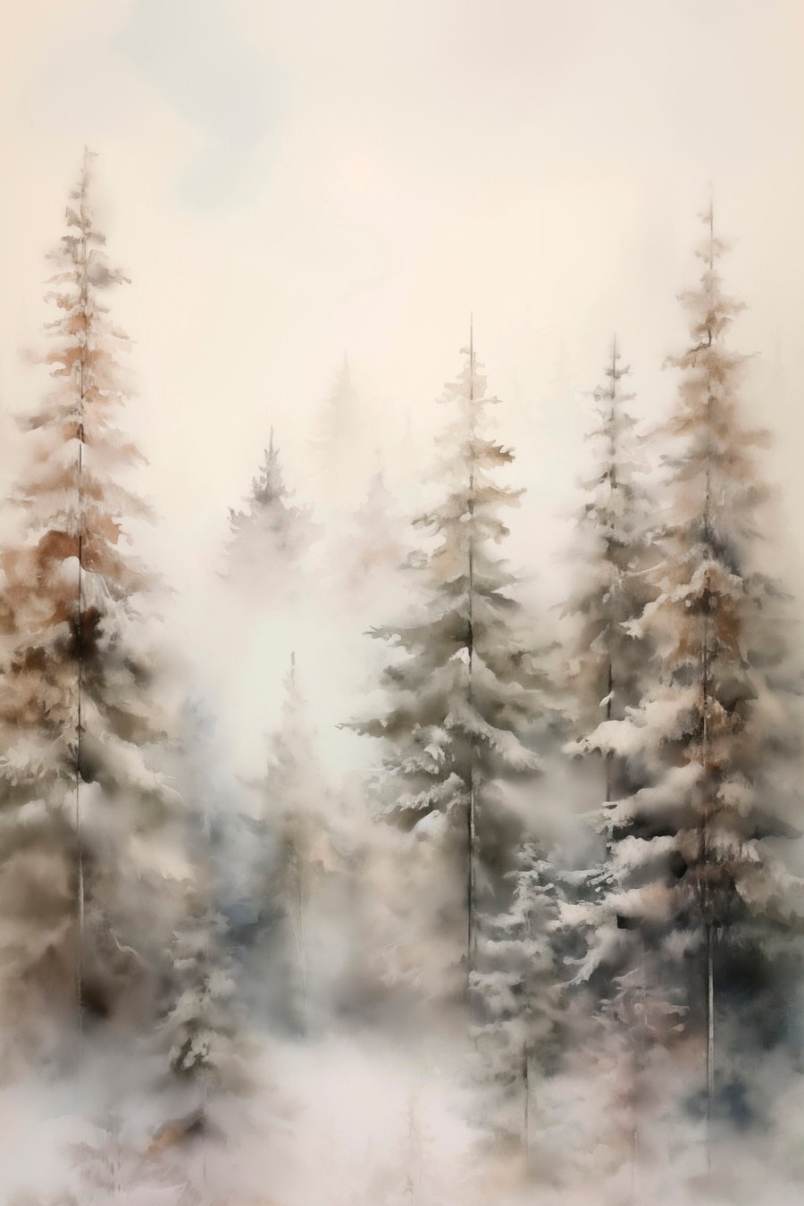 Hoge dennenbomen bedekt met sneeuw, staande in een mistig bos, een zacht, gedempt winters tafereel — volledig ontwerp