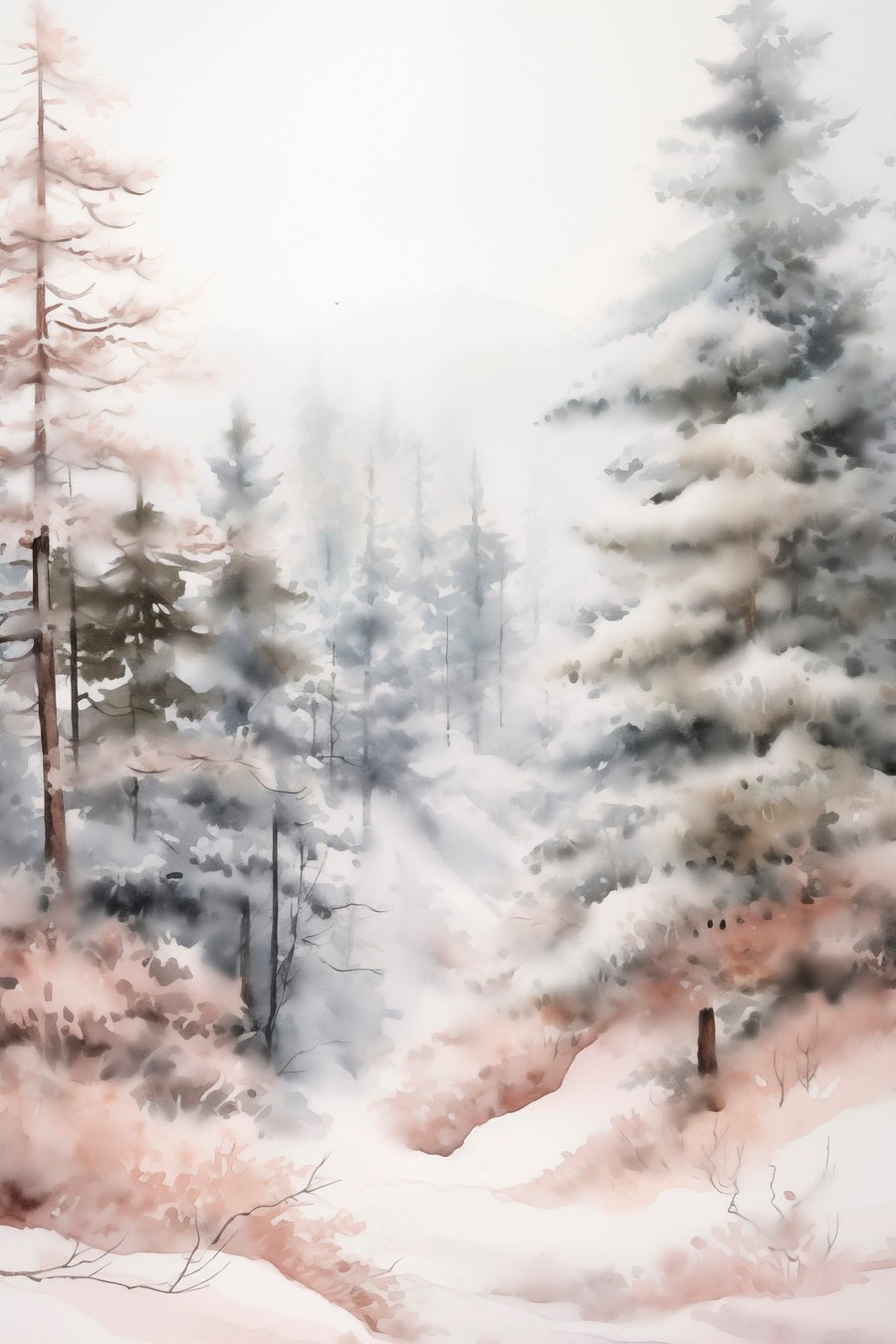 Hoge dennenbomen bedekt met sneeuw, staande in een mistig bos, een zacht, gedempt winters tafereel — volledig ontwerp