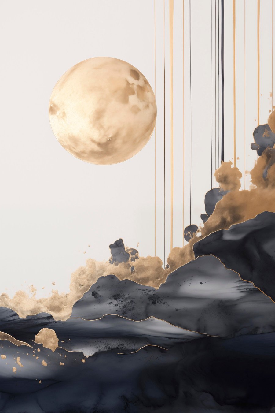 Een volle maan met zwarte en gestructureerde gele wolken, verticale lijnen, abstracte stijl, minimalistisch en modern — volledig ontwerp