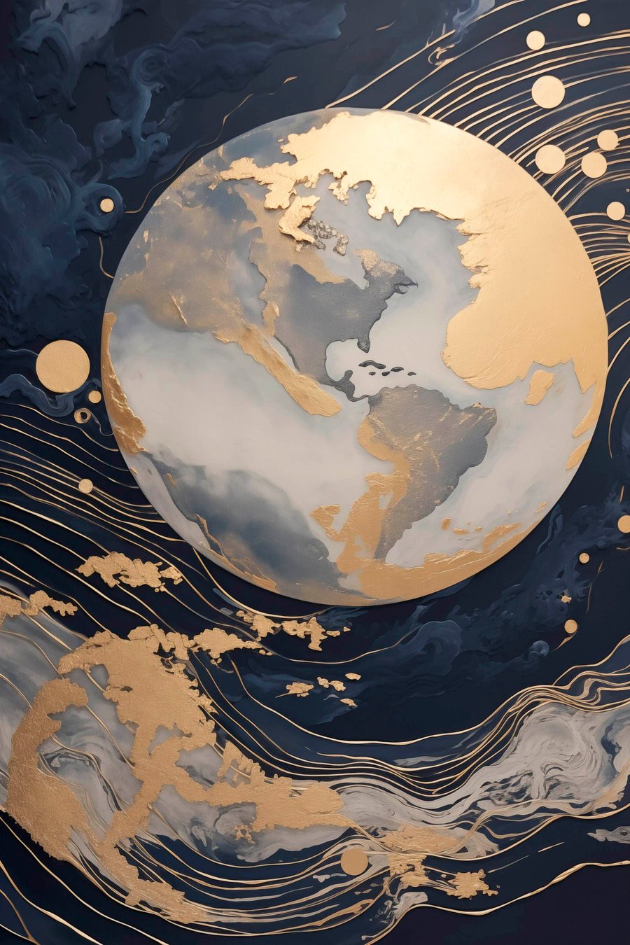 Getextureerde decoratieve planeet met gele lijnen op de achtergrond, gele stippen op de achtergrond, donkere achtergrond — volledig ontwerp