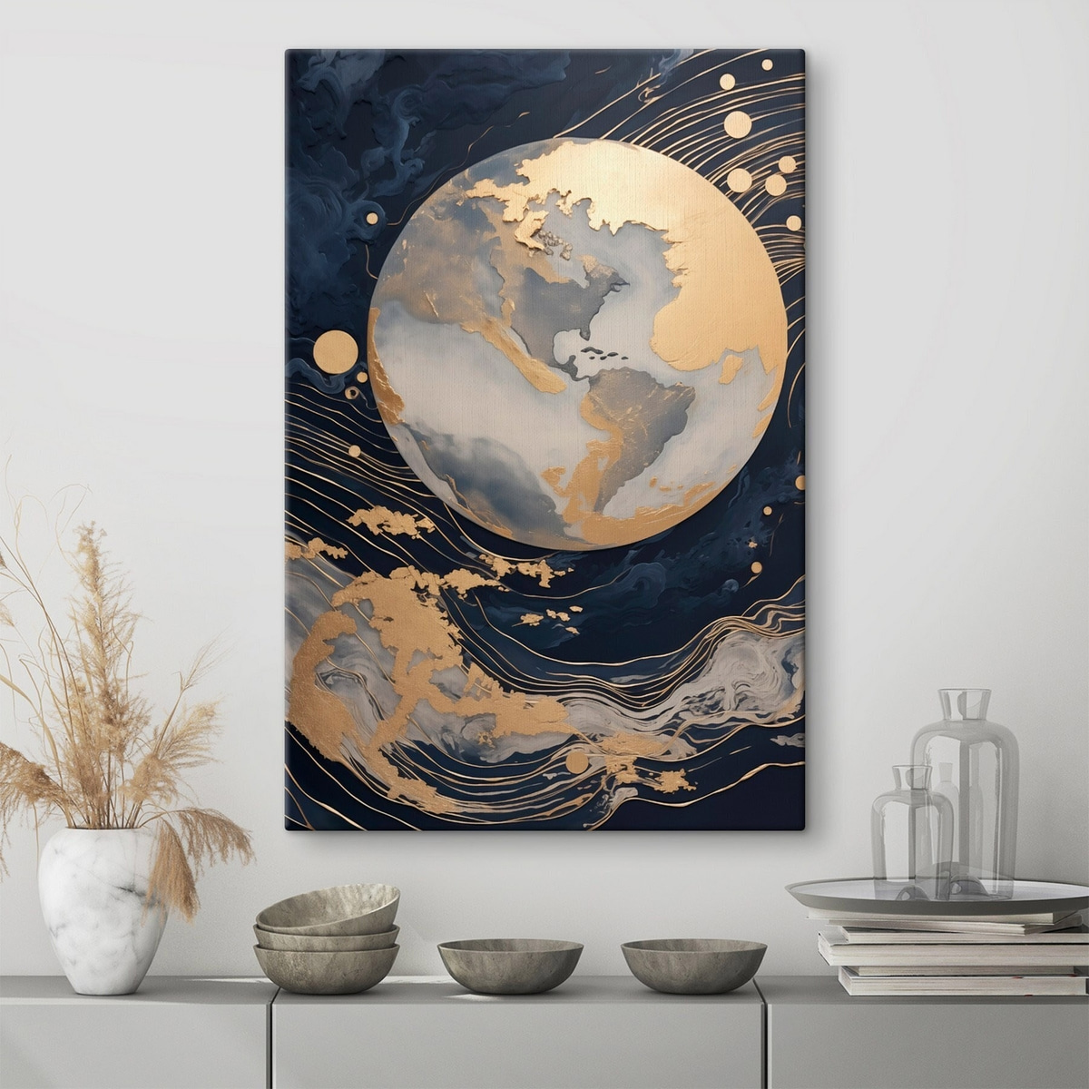 Getextureerde decoratieve planeet met gele lijnen op de achtergrond, gele stippen op de achtergrond, donkere achtergrond in een interieur