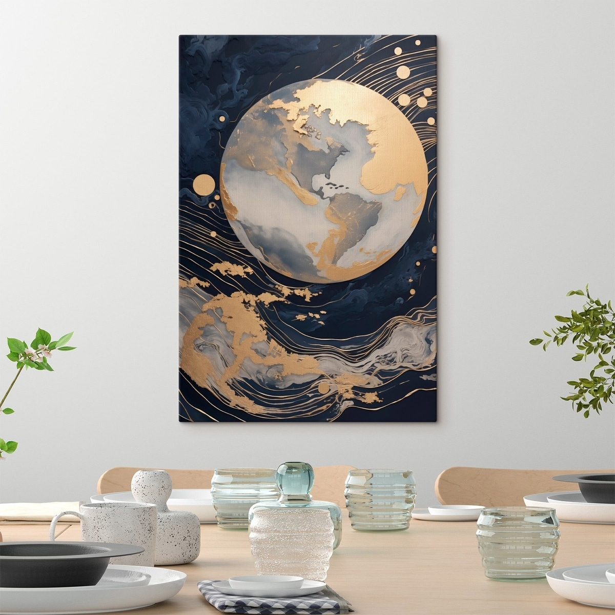 Getextureerde decoratieve planeet met gele lijnen op de achtergrond, gele stippen op de achtergrond, donkere achtergrond — interieur 2