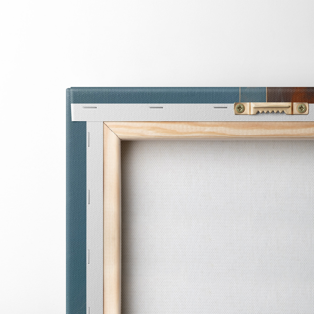 Abstracte witte bloemen en bladeren tegen een achtergrond van bruin en blauw met abstracte vormen, in een minimalistische stijl — achterkant