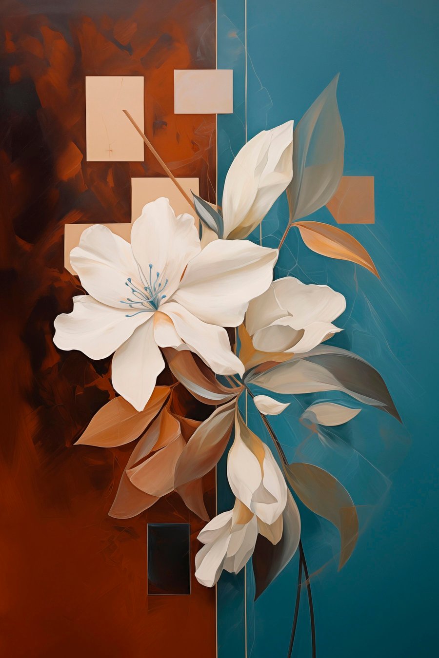 Abstracte witte bloemen en bladeren tegen een achtergrond van bruin en blauw met abstracte vormen, in een minimalistische stijl — volledig ontwerp