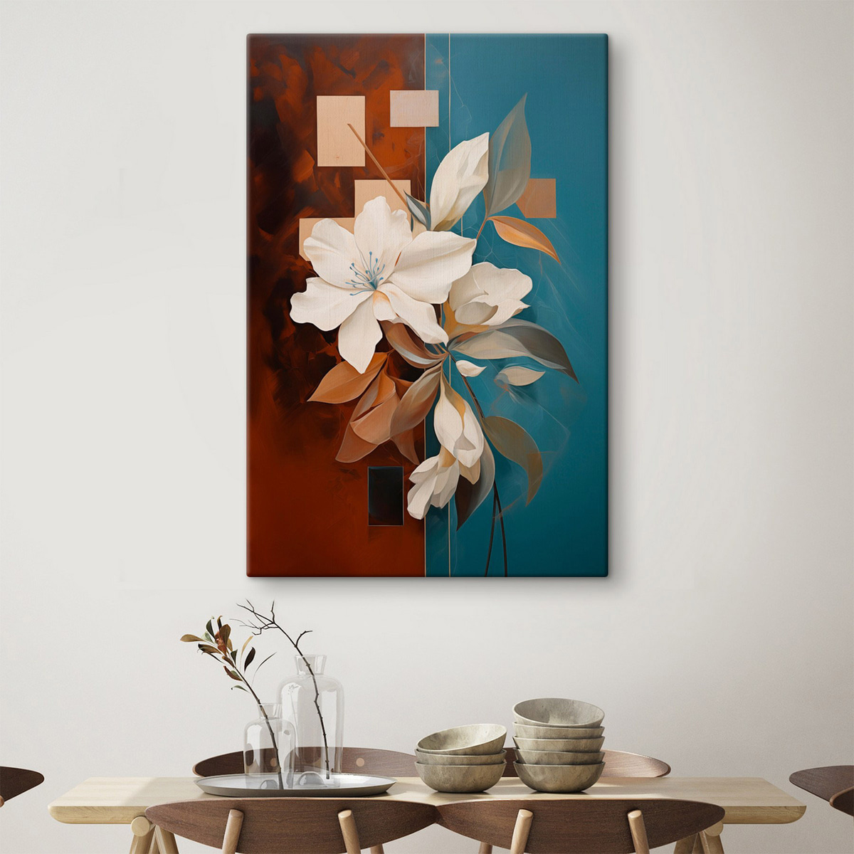 Abstracte witte bloemen en bladeren tegen een achtergrond van bruin en blauw met abstracte vormen, in een minimalistische stijl — interieur 1