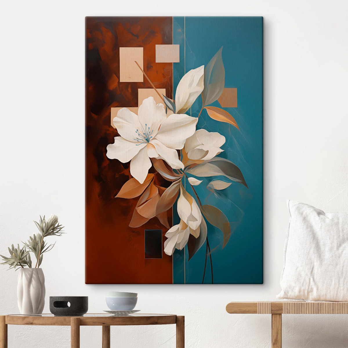 Abstracte witte bloemen en bladeren tegen een achtergrond van bruin en blauw met abstracte vormen, in een minimalistische stijl — interieur 2