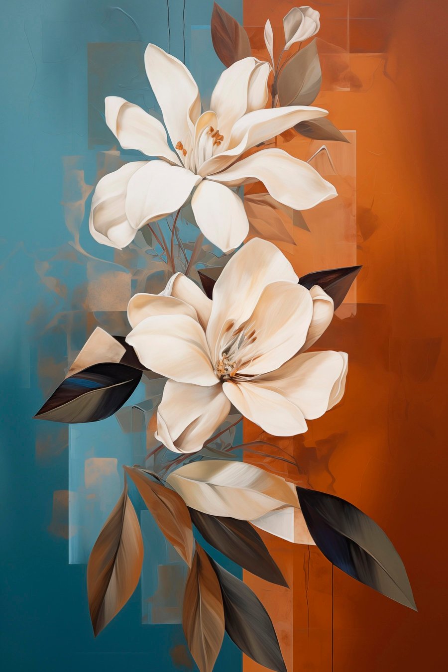 Abstracte witte bloemen en bladeren tegen een achtergrond van bruin en blauw met abstracte vormen, in een minimalistische stijl — volledig ontwerp