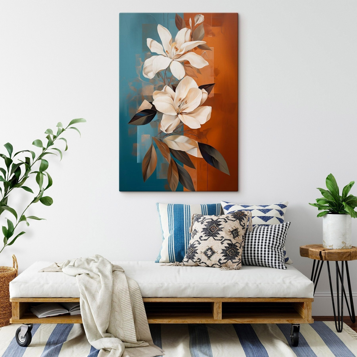 Abstracte witte bloemen en bladeren tegen een achtergrond van bruin en blauw met abstracte vormen, in een minimalistische stijl — interieur 1