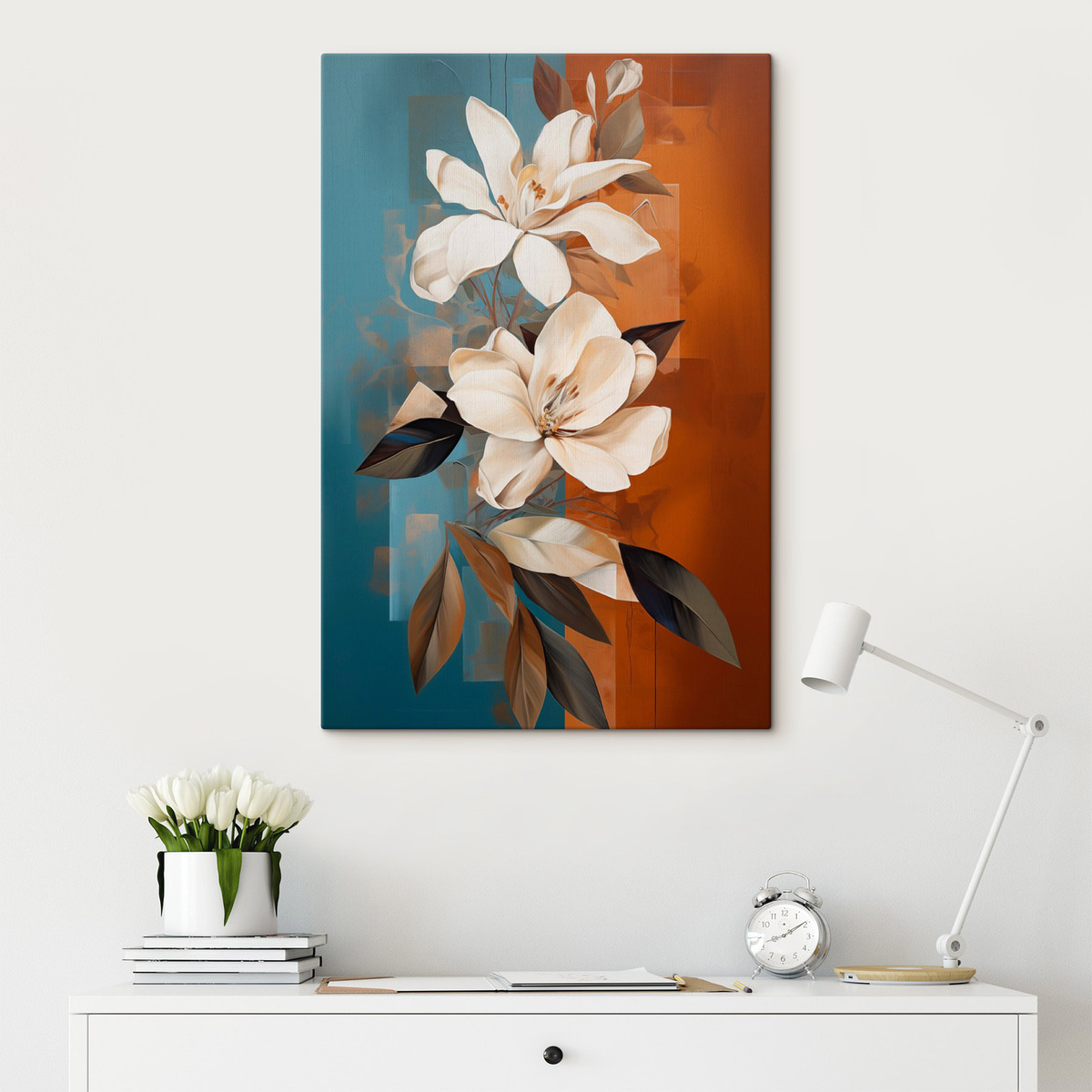 Abstracte witte bloemen en bladeren tegen een achtergrond van bruin en blauw met abstracte vormen, in een minimalistische stijl — interieur 2