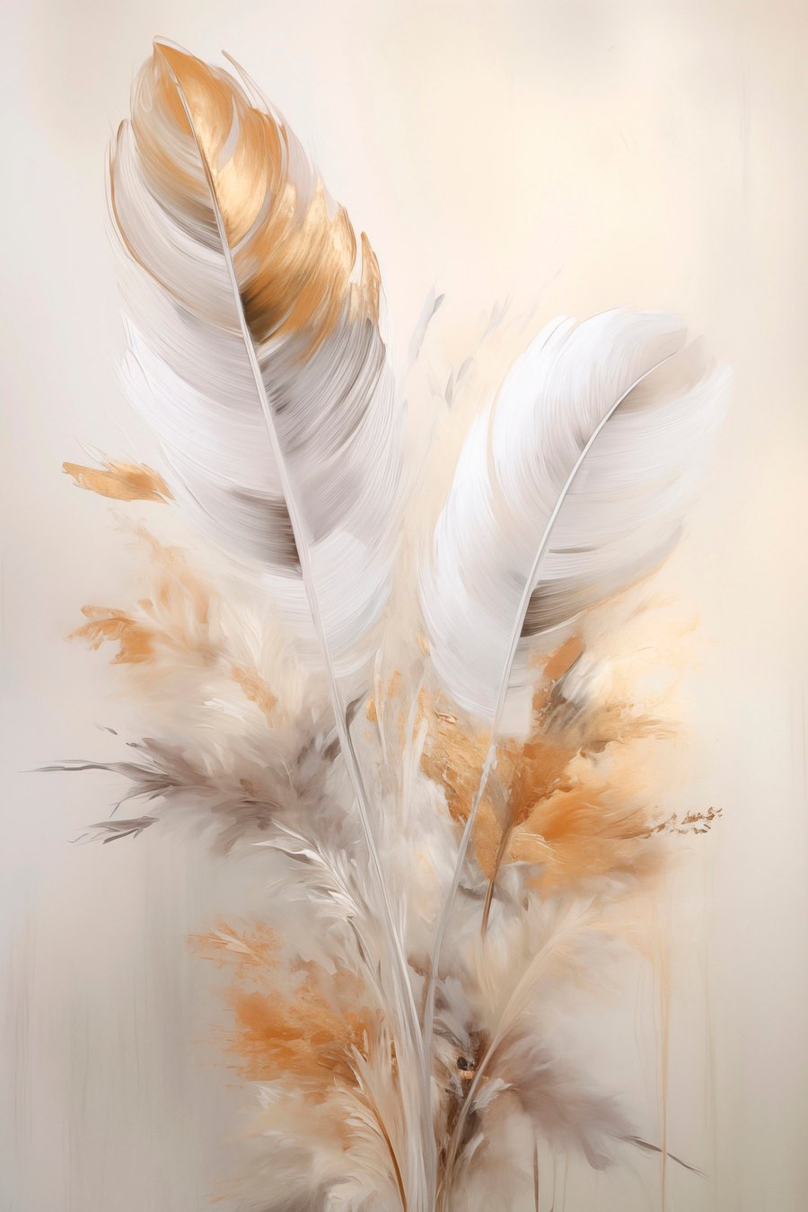 Abstracte veren, omgeven door beige en bruine pluimen, zacht en delicaat, op een lichtbeige achtergrond — volledig ontwerp