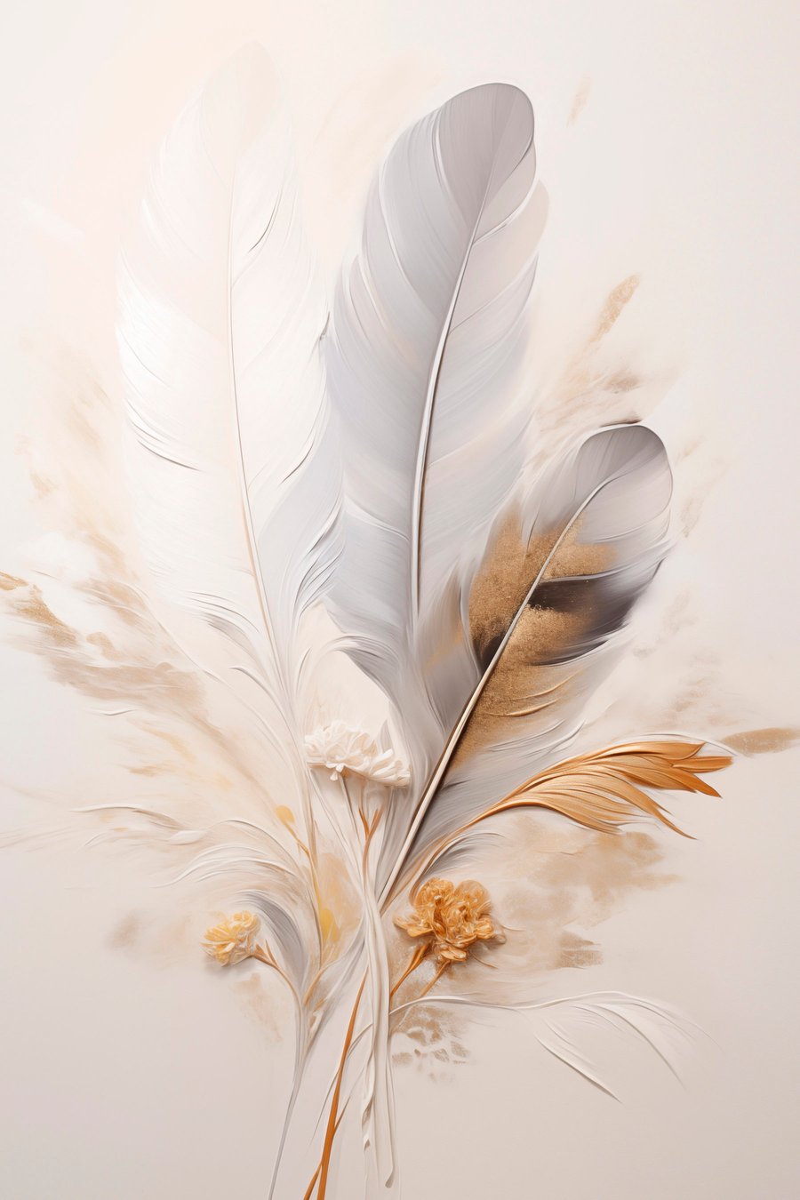 Abstracte veren, omgeven door beige en bruine pluimen, zacht en delicaat, op een lichtbeige achtergrond — volledig ontwerp