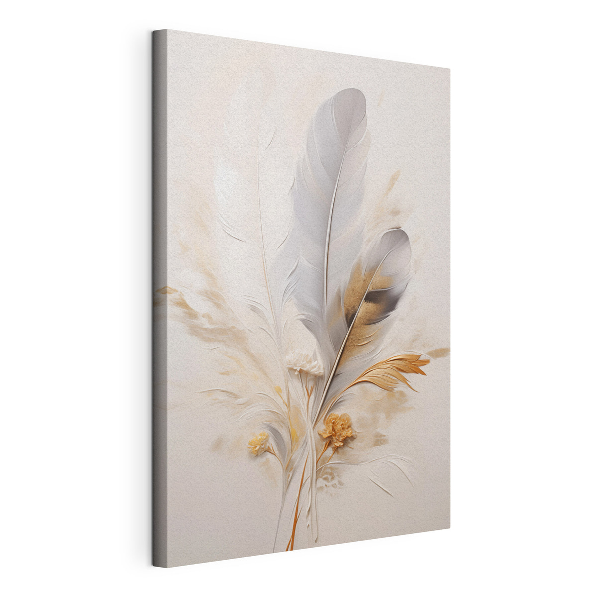 Abstracte veren, omgeven door beige en bruine pluimen, zacht en delicaat, op een lichtbeige achtergrond, gespannen canvas met doorlopende rand