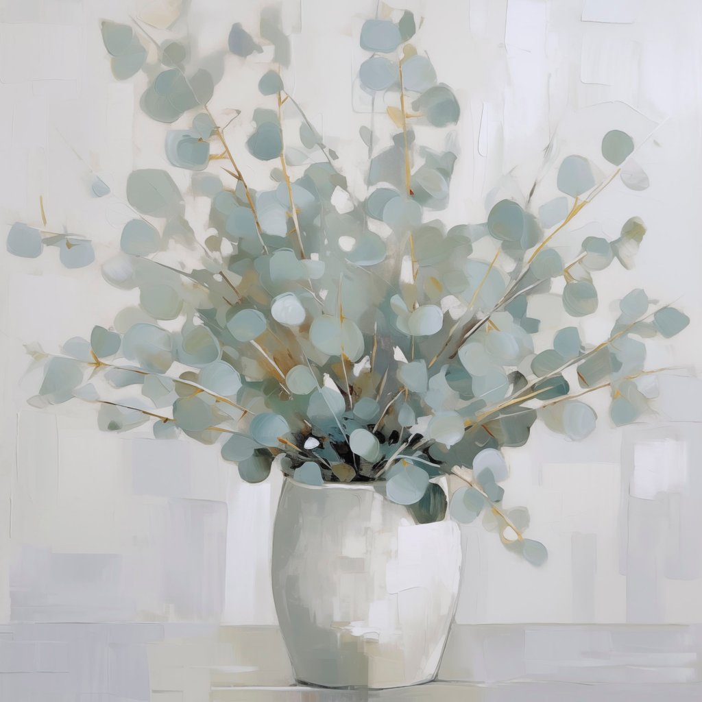 Eucalyptustakken in een vaas, imitatie schilderij — volledig ontwerp