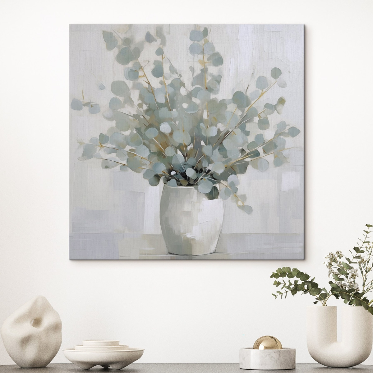 Eucalyptustakken in een vaas, imitatie schilderij — interieur 1