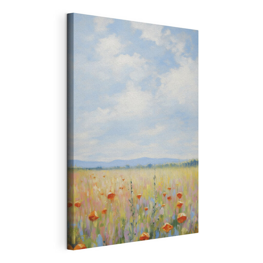 Veld met bloemen en gras, gespannen canvas met doorlopende rand