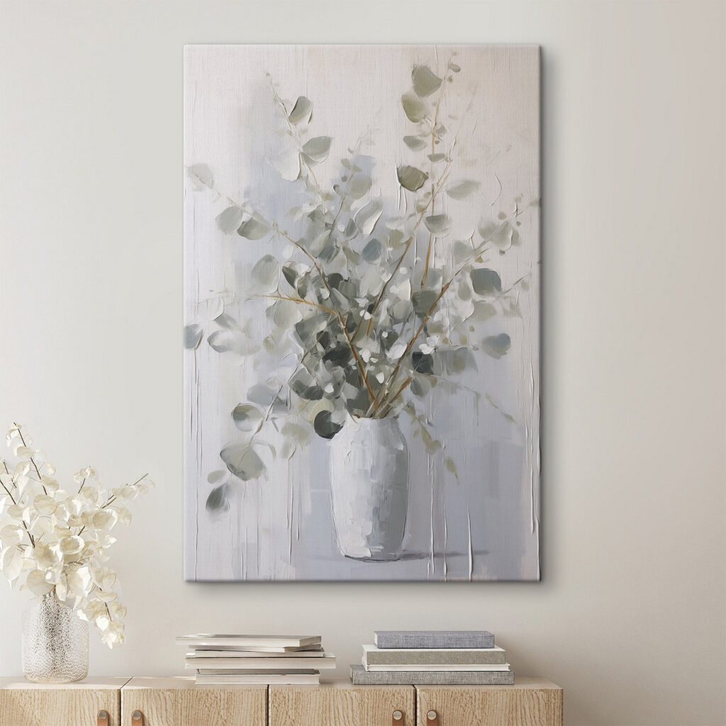 Schilderij van een plant in een vaas in een interieur