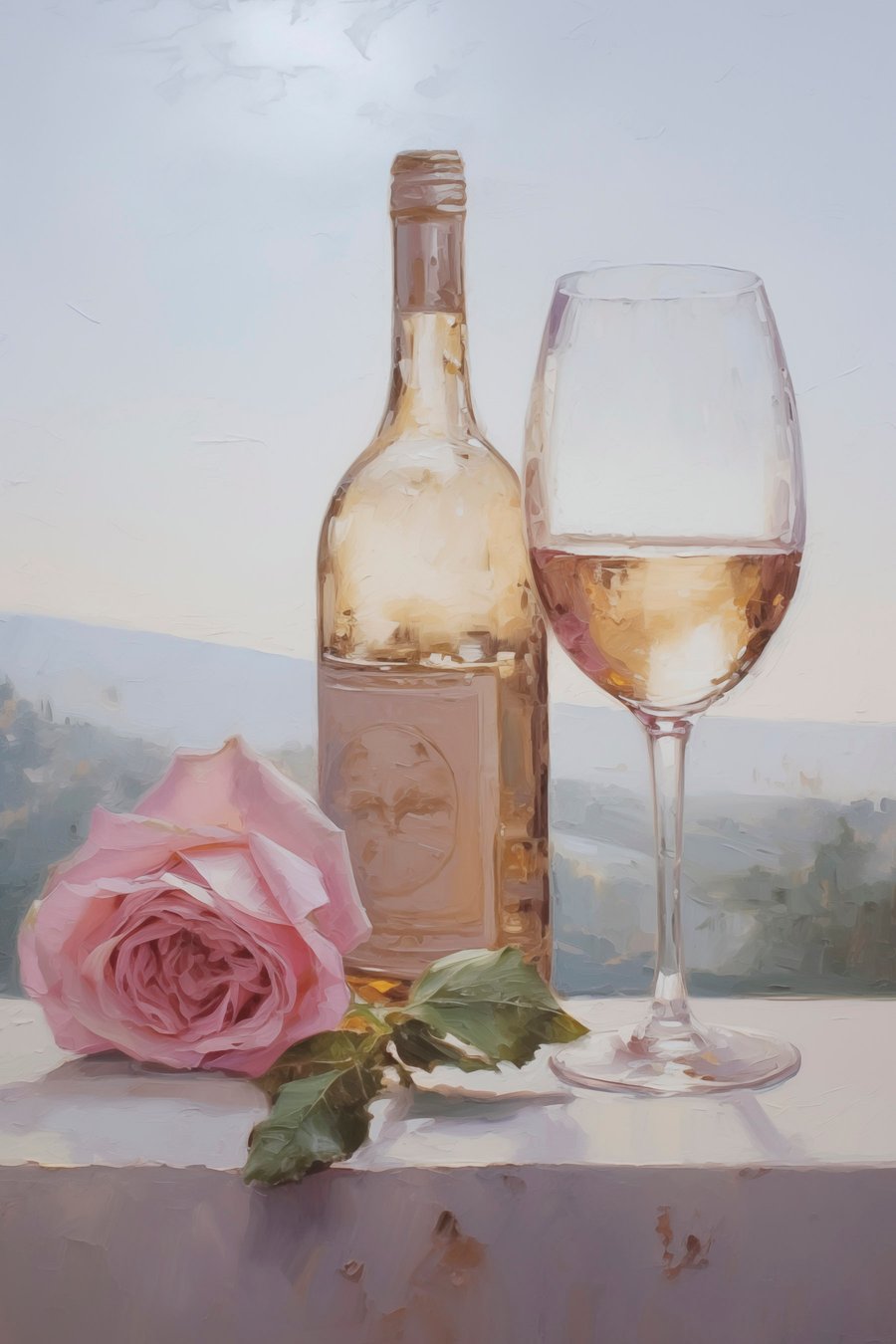 Een fles en een glas wijn en een kleine hond met een bril, imitatie schilderij — volledig ontwerp