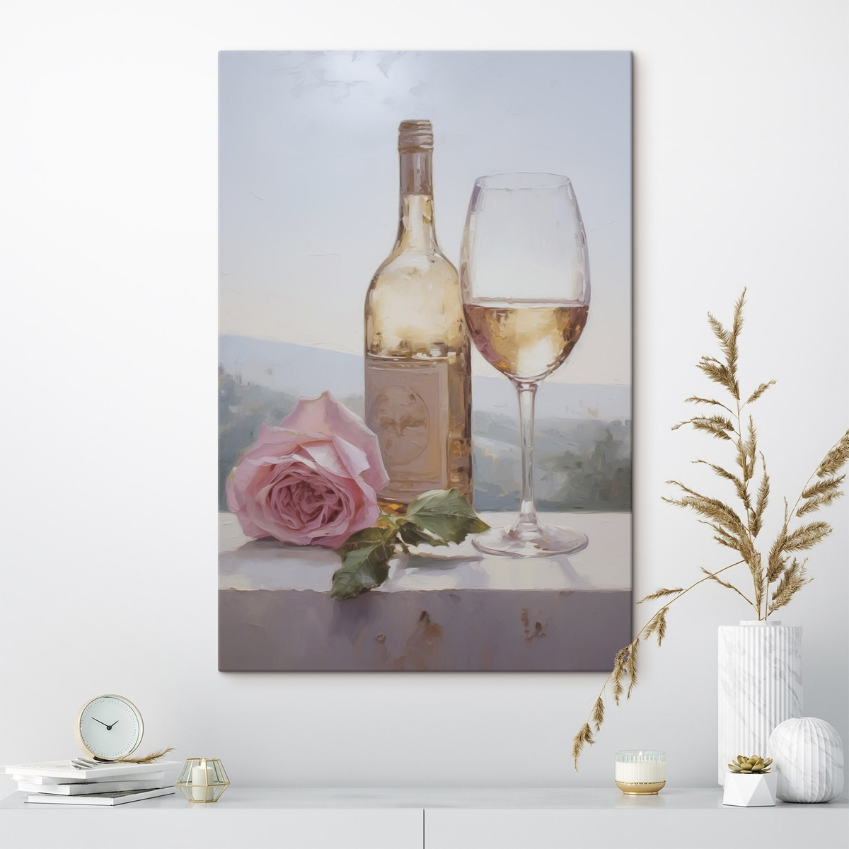 Een fles en een glas wijn en een kleine hond met een bril, imitatie schilderij — interieur 2