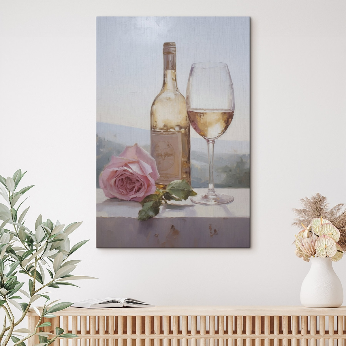 Een fles en een glas wijn en een kleine hond met een bril, imitatie schilderij — interieur 1