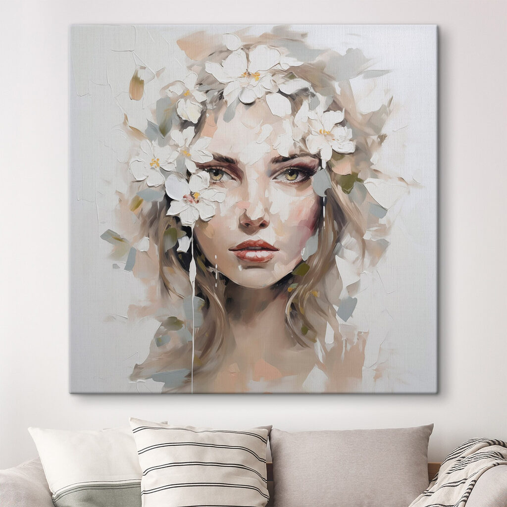 Schilderij van een vrouw met bloemen op haar hoofd in een interieur