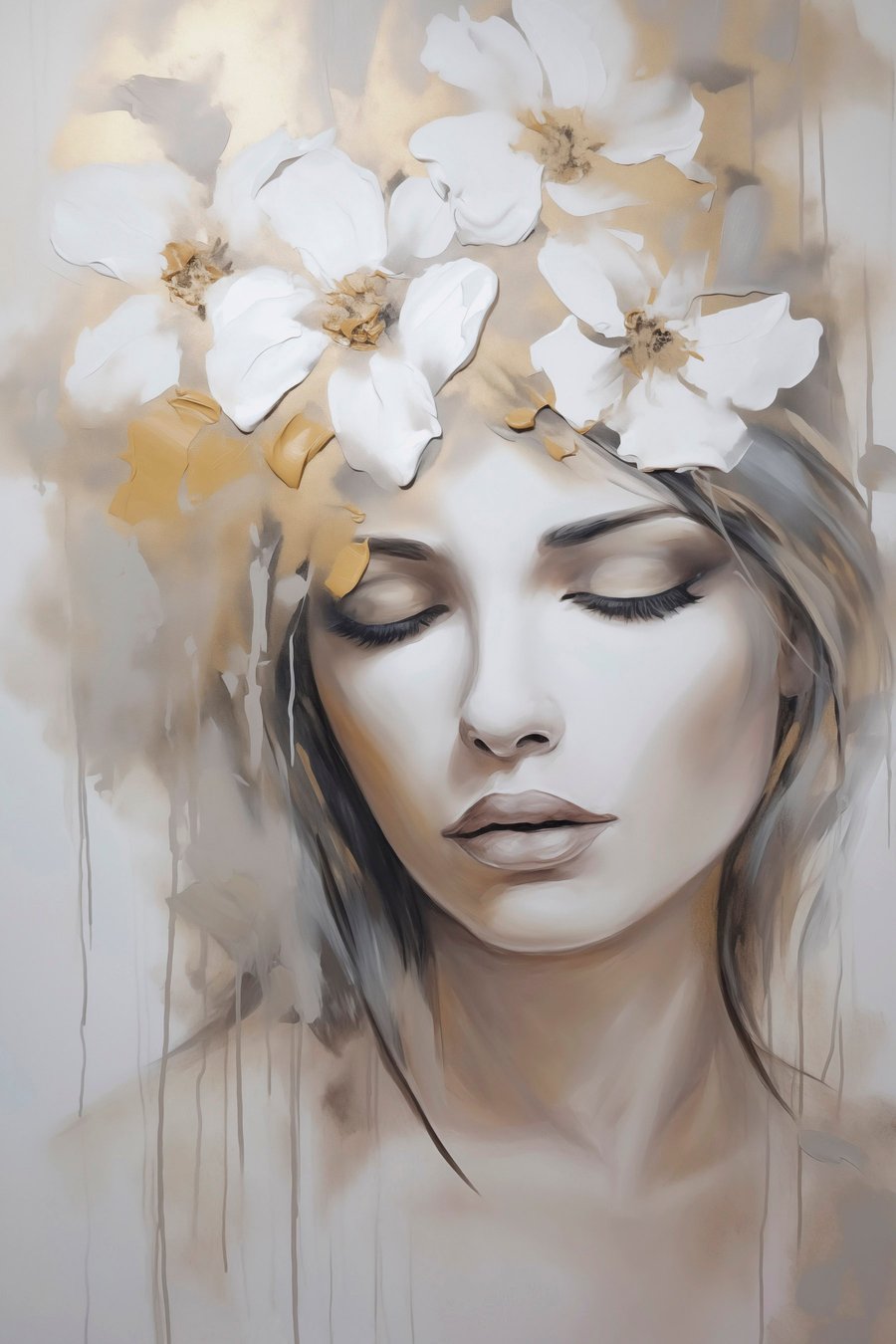 Abstract portret van een meisje met bloemen, imitatie van een schilderij — volledig ontwerp
