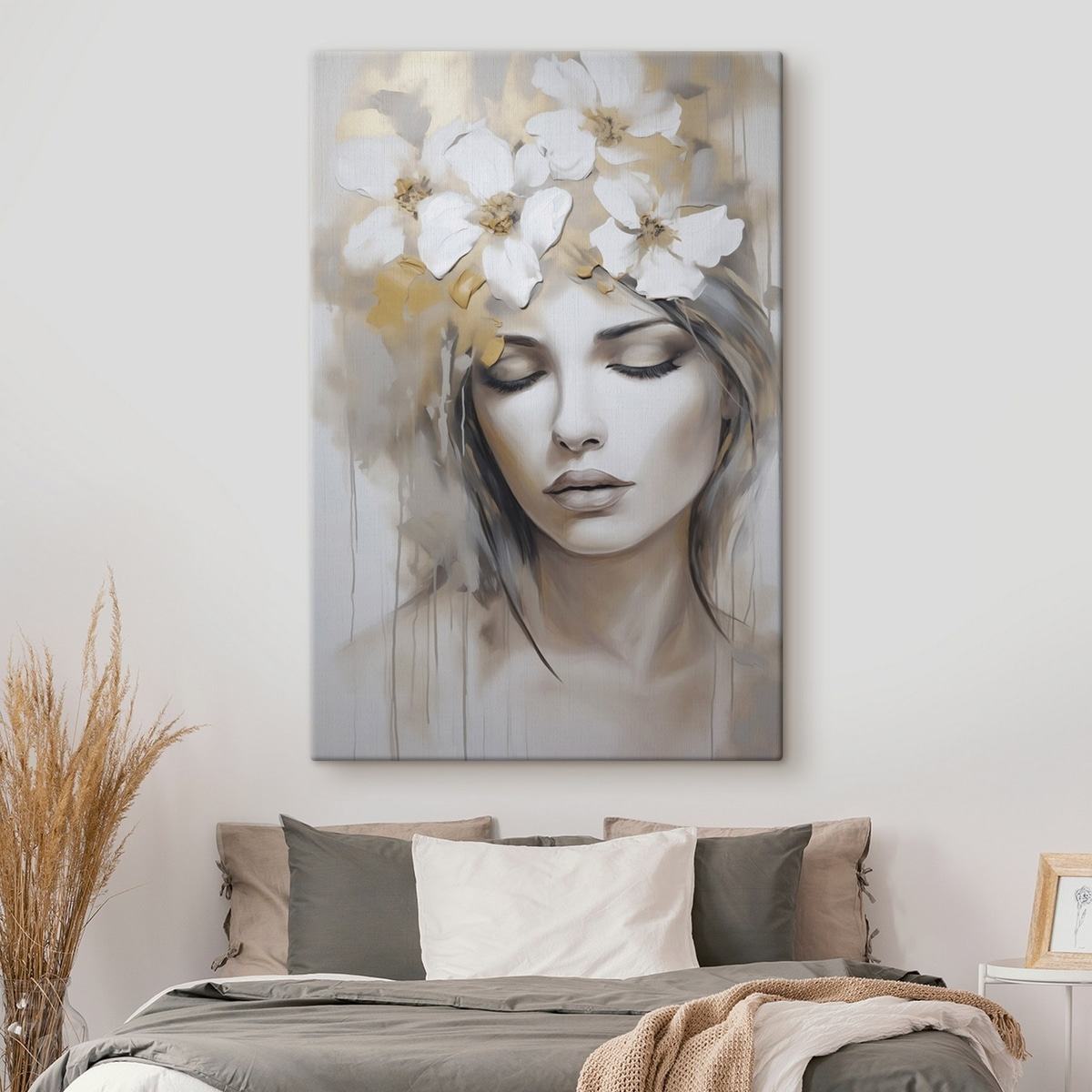 Abstract portret van een meisje met bloemen, imitatie van een schilderij — interieur 1