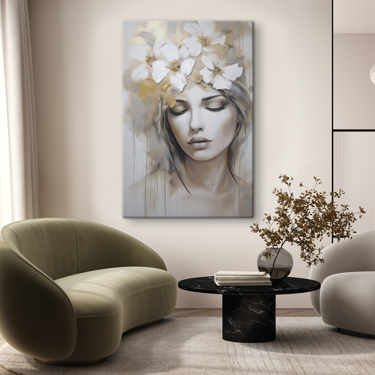 Abstract portret van een meisje met bloemen, imitatie van een schilderij — interieur 2