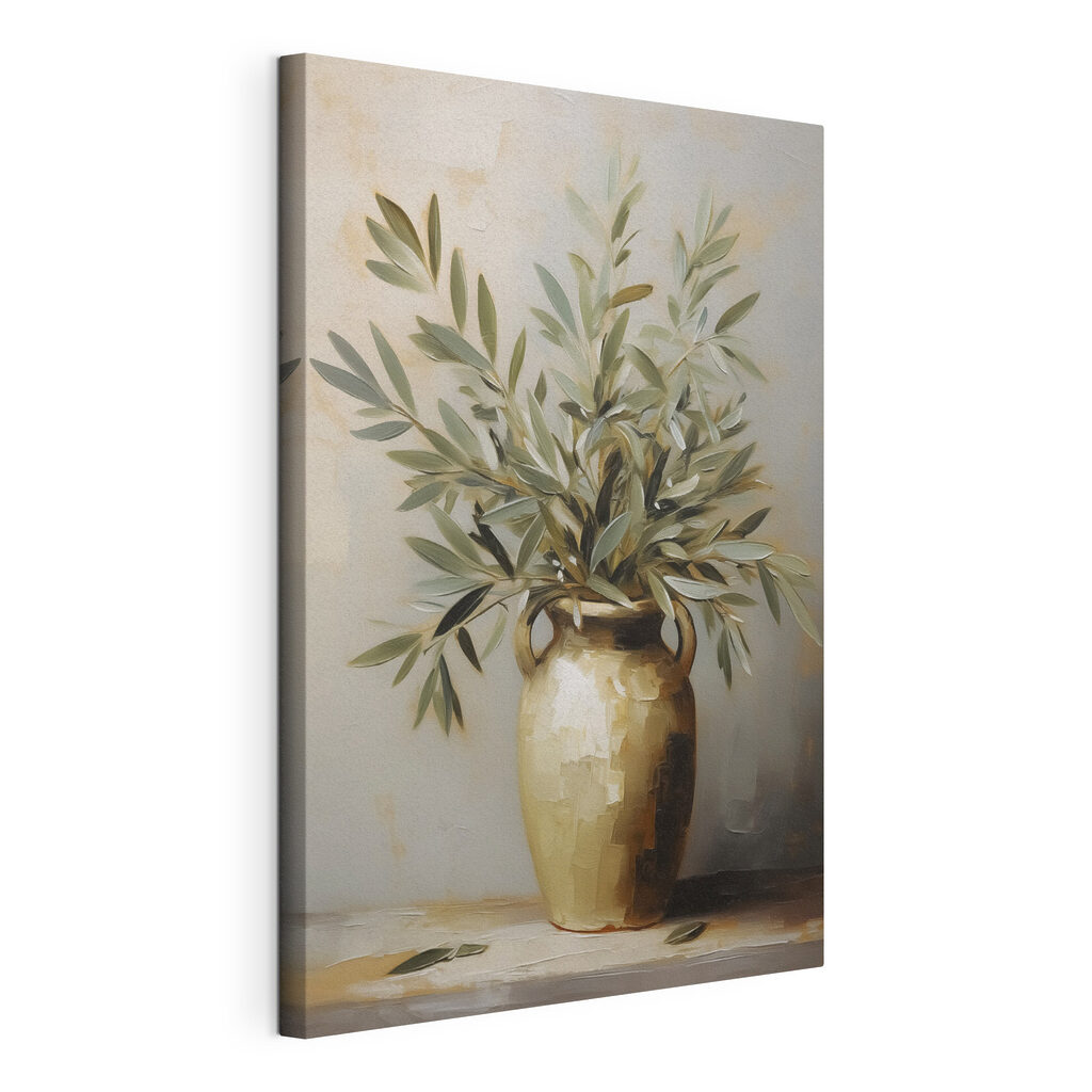 Schilderij van een plant in een vaas, gespannen canvas met doorlopende rand