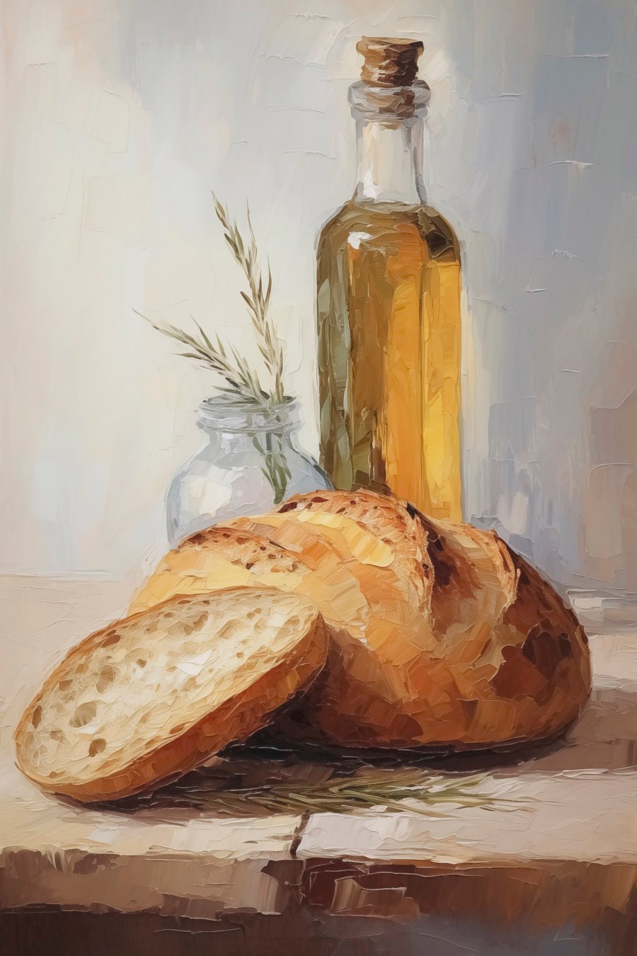 Brood en een fles olie, imitatie schilderij — volledig ontwerp