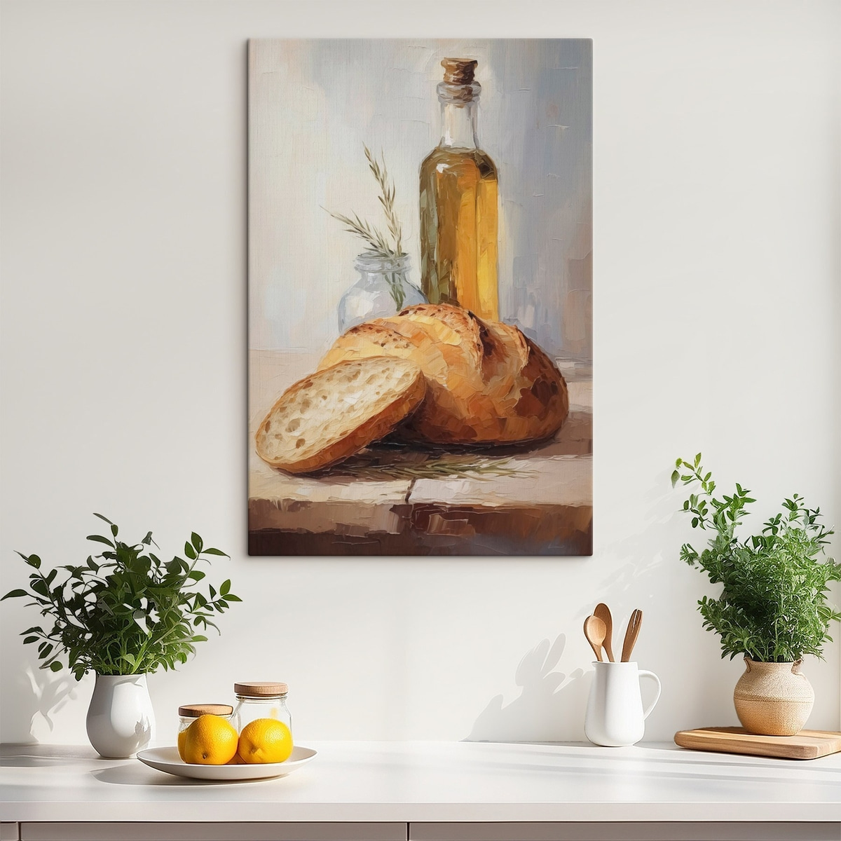 Brood en een fles olie, imitatie schilderij in een interieur