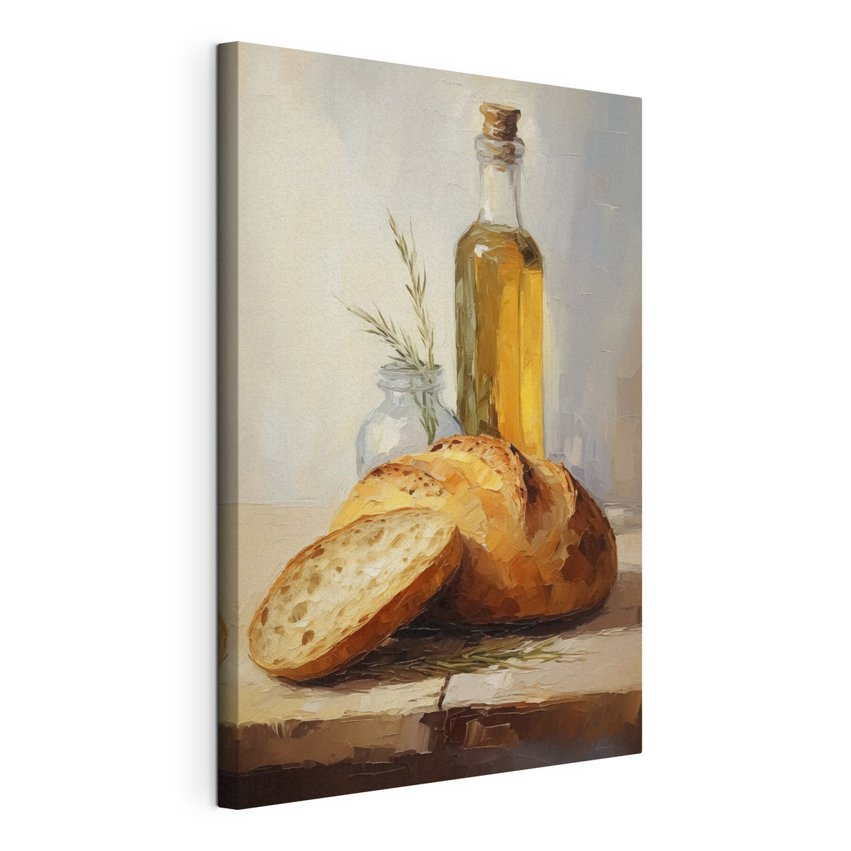 Brood en een fles olie, imitatie schilderij — productweergave
