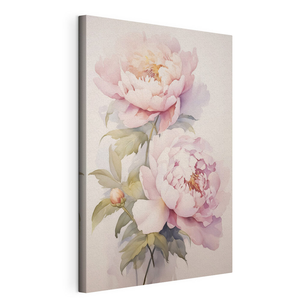 Schilderij van roze bloemen, gespannen canvas met doorlopende rand