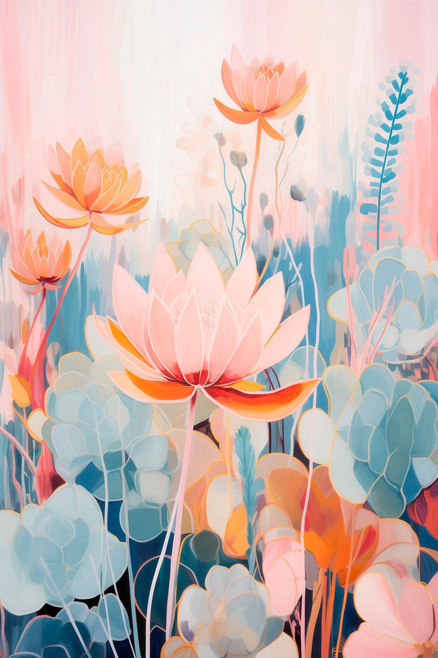 Lotusbloemen en decoratief blad in een roze-blauw kleurenpalet — volledig ontwerp
