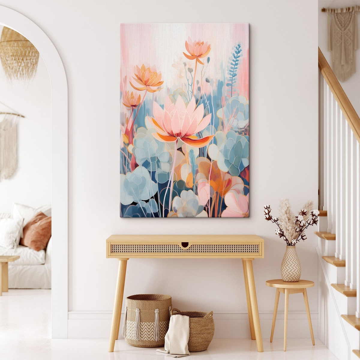 Lotusbloemen en decoratief blad in een roze-blauw kleurenpalet — interieur 2