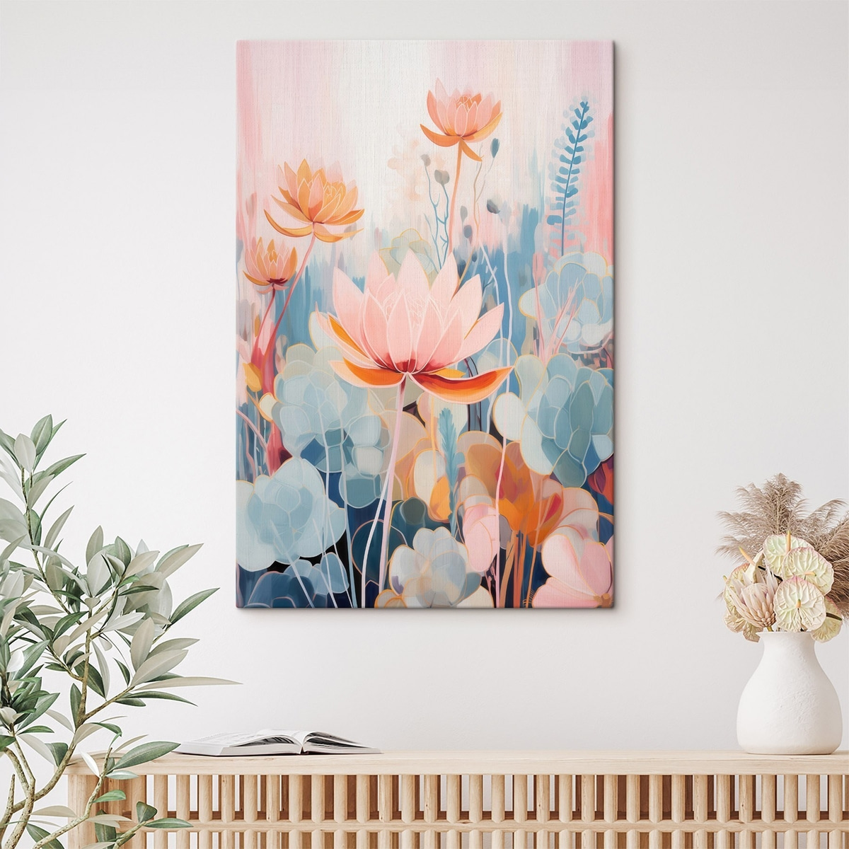 Lotusbloemen en decoratief blad in een roze-blauw kleurenpalet — interieur 1