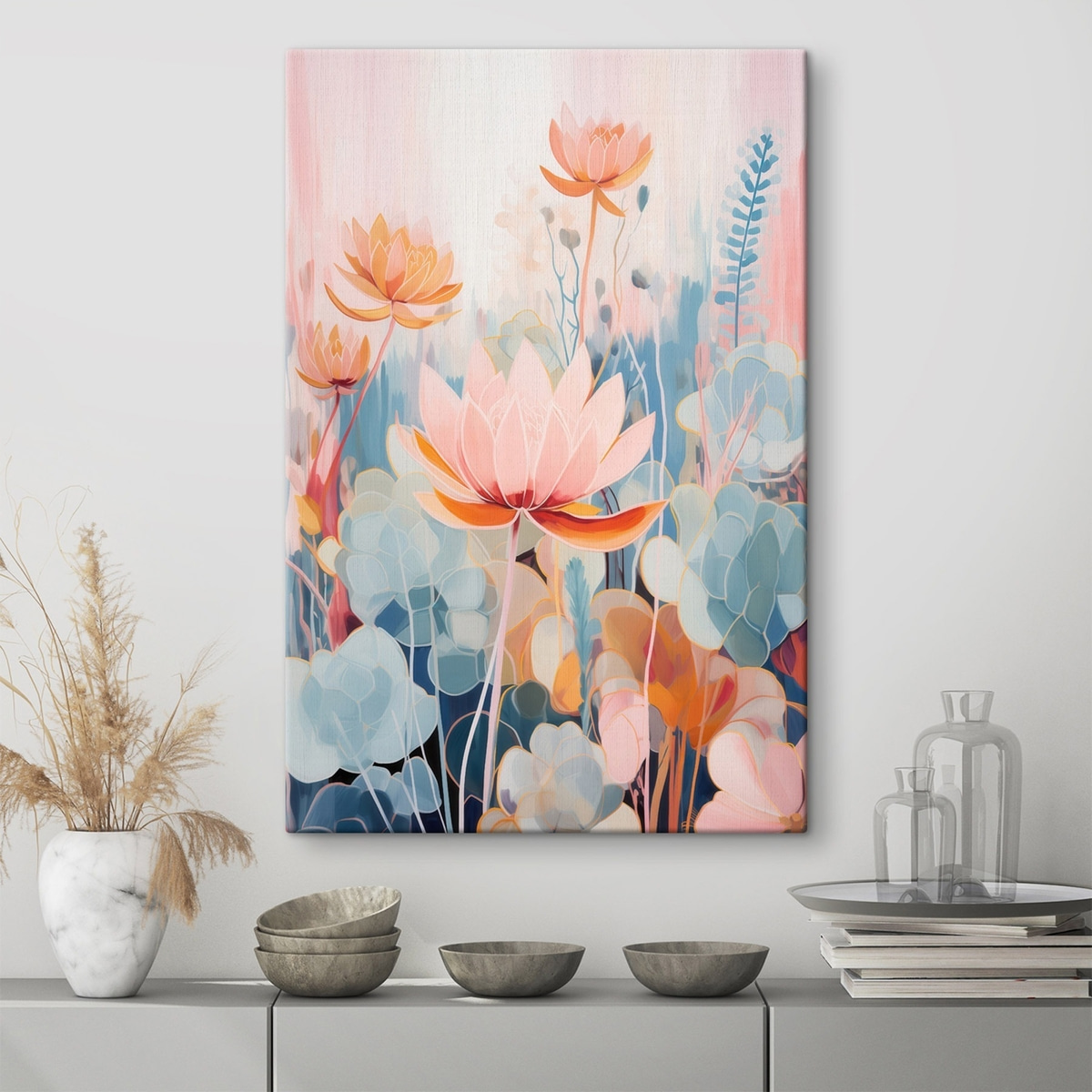Lotusbloemen en decoratief blad in een roze-blauw kleurenpalet — interieur 3