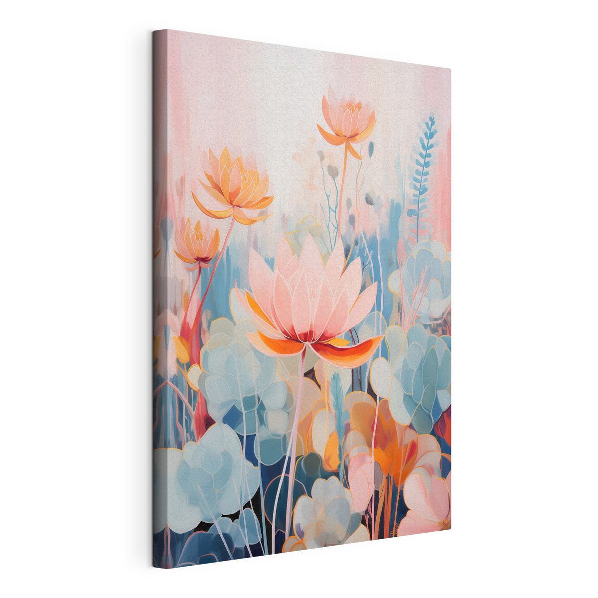 Lotusbloemen en decoratief blad in een roze-blauw kleurenpalet, gespannen canvas met doorlopende rand