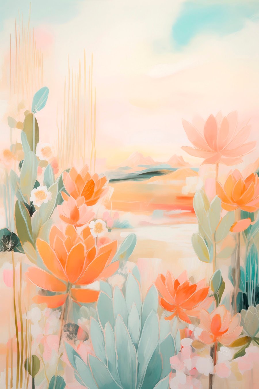 Bloemenlandschap in roze en blauwe tinten in een eigentijdse schilderstijl — volledig ontwerp