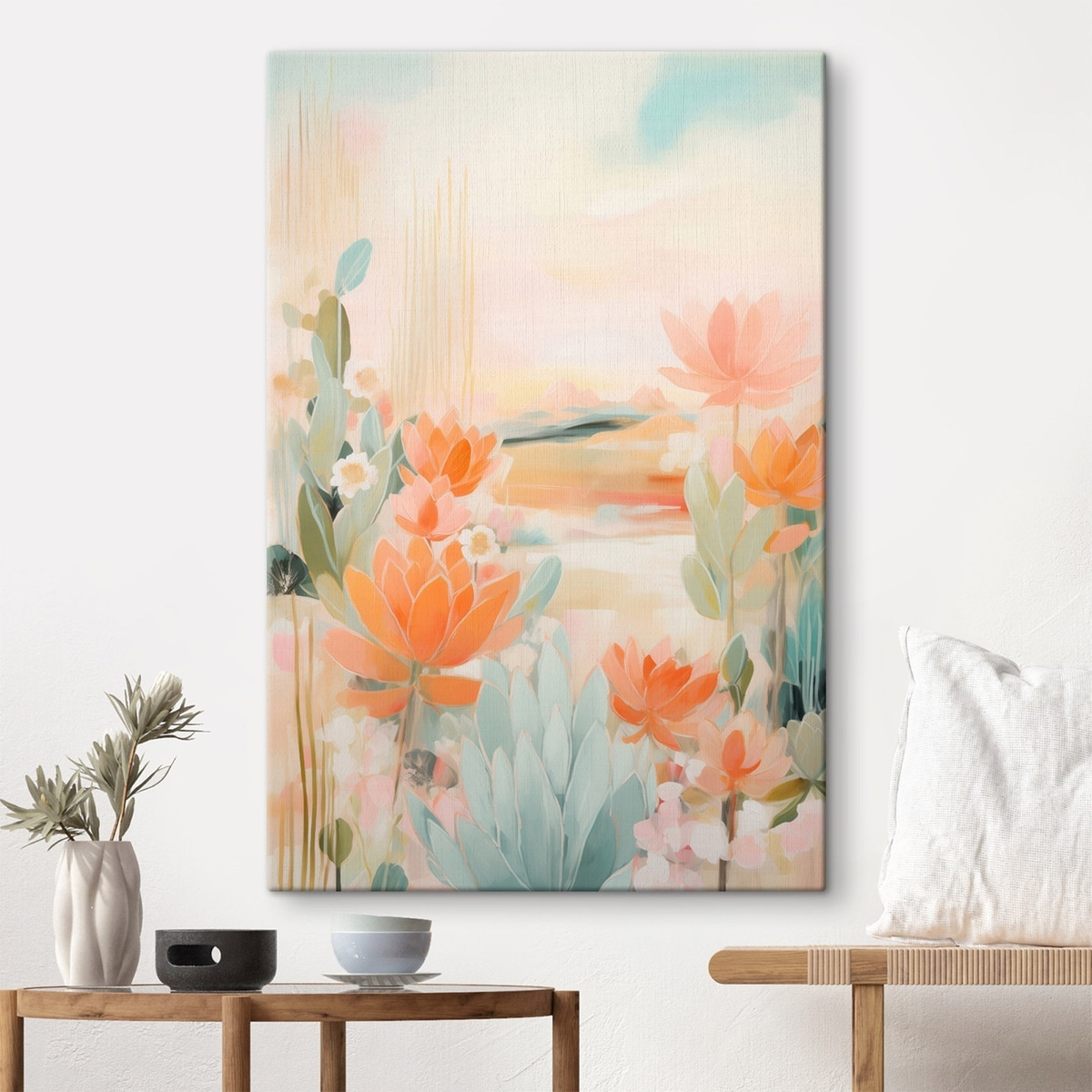 Bloemenlandschap in roze en blauwe tinten in een eigentijdse schilderstijl — interieur 1
