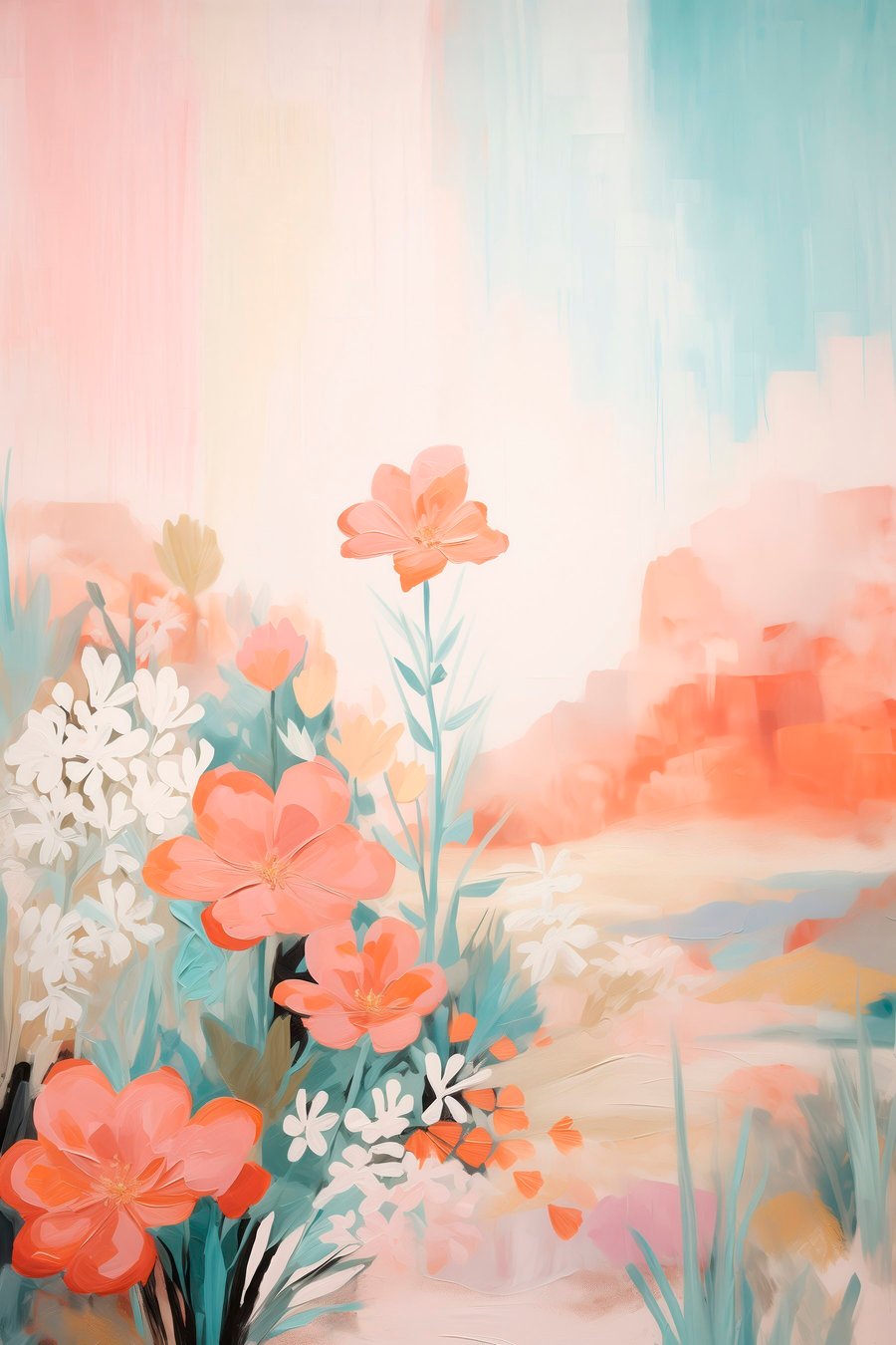 Abstract bloemenlandschap in een roze-blauw kleurenpalet — volledig ontwerp