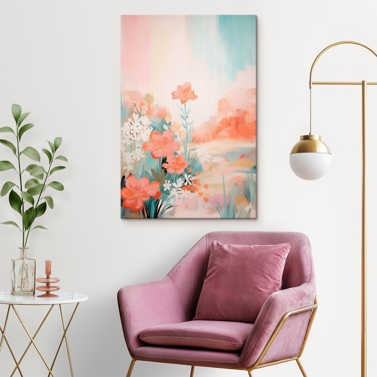 Abstract bloemenlandschap in een roze-blauw kleurenpalet — interieur 1