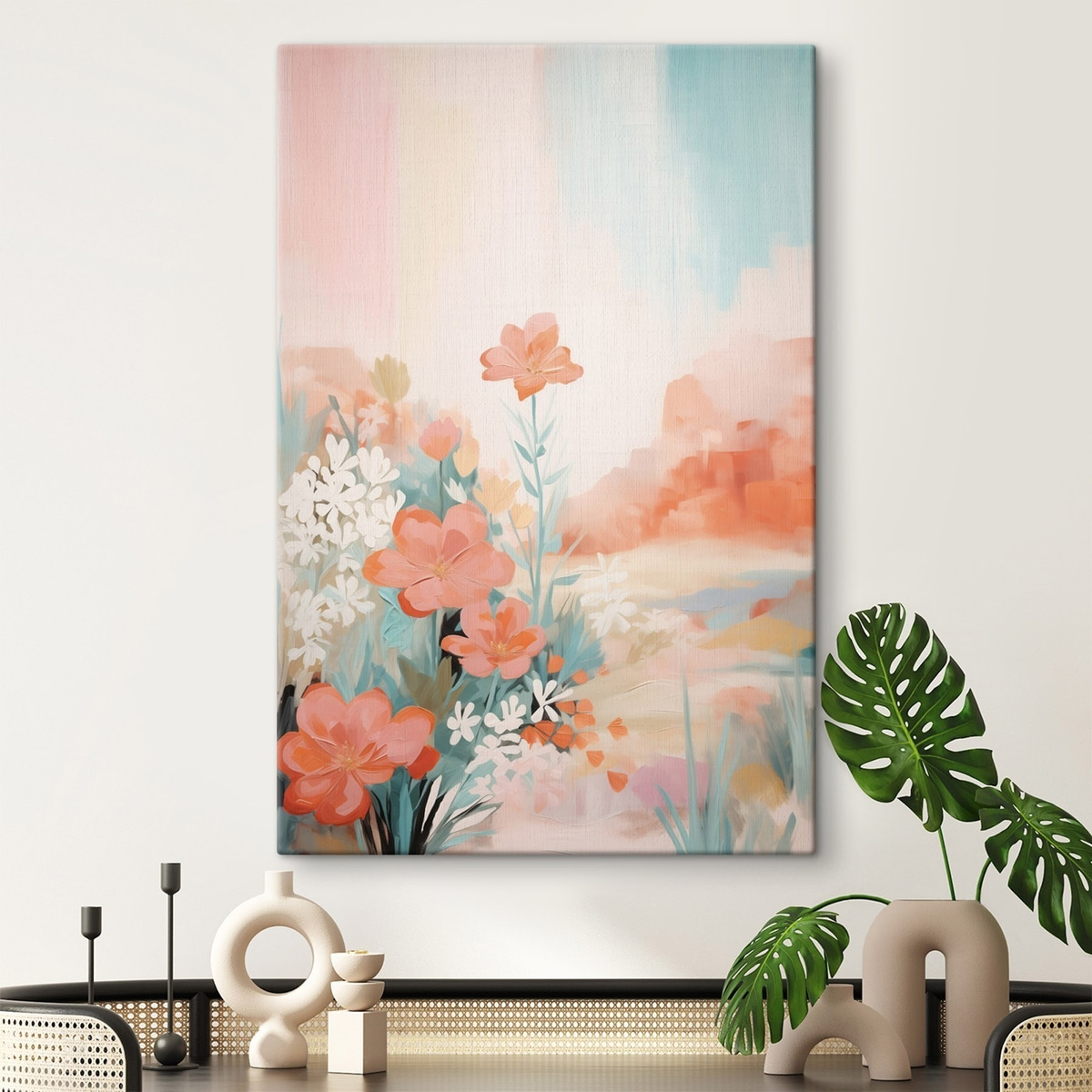 Abstract bloemenlandschap in een roze-blauw kleurenpalet — interieur 2