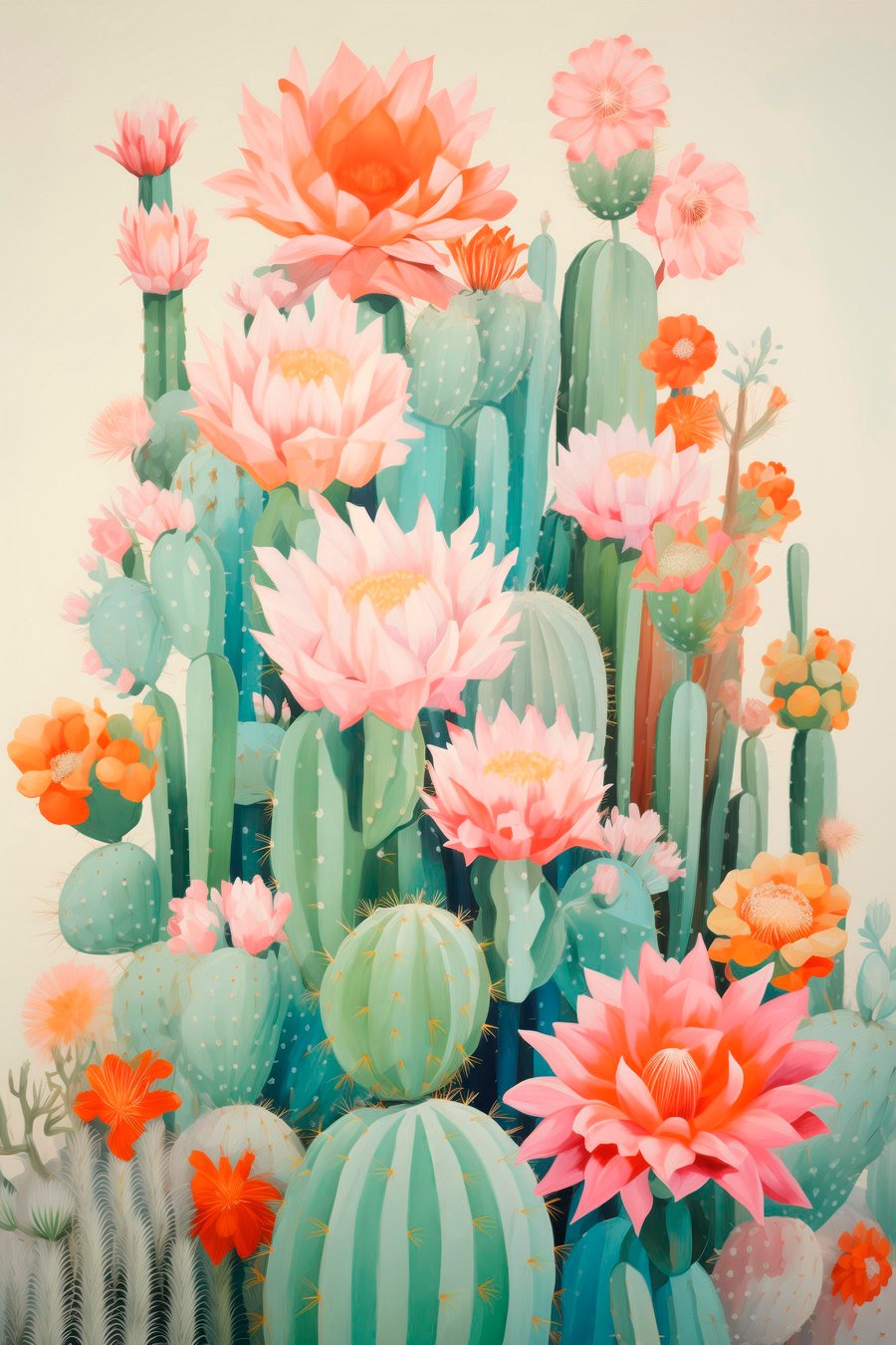 Bloeiende cactussen met roze en oranje bloemen in illustratiestijl — volledig ontwerp