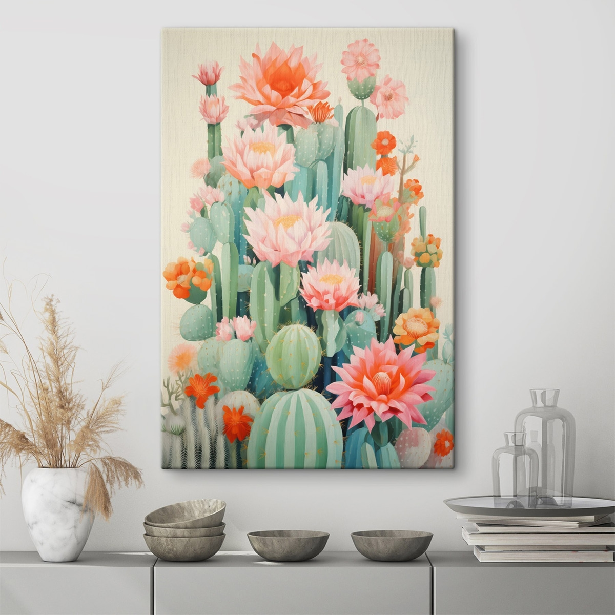 Bloeiende cactussen met roze en oranje bloemen in illustratiestijl — interieur 3