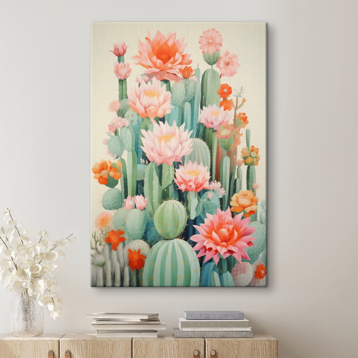 Bloeiende cactussen met roze en oranje bloemen in illustratiestijl — interieur 1