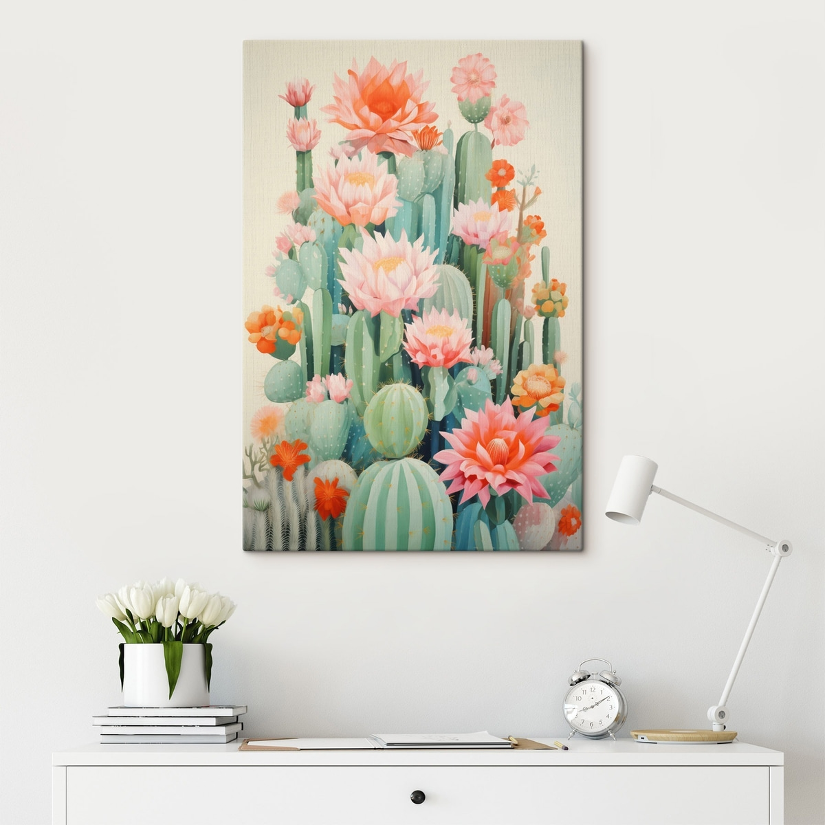 Bloeiende cactussen met roze en oranje bloemen in illustratiestijl — interieur 2