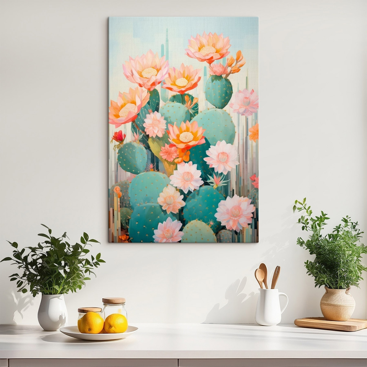 Cactusbloementuin in een zacht pastelpalet in illustratiestijl — interieur 3
