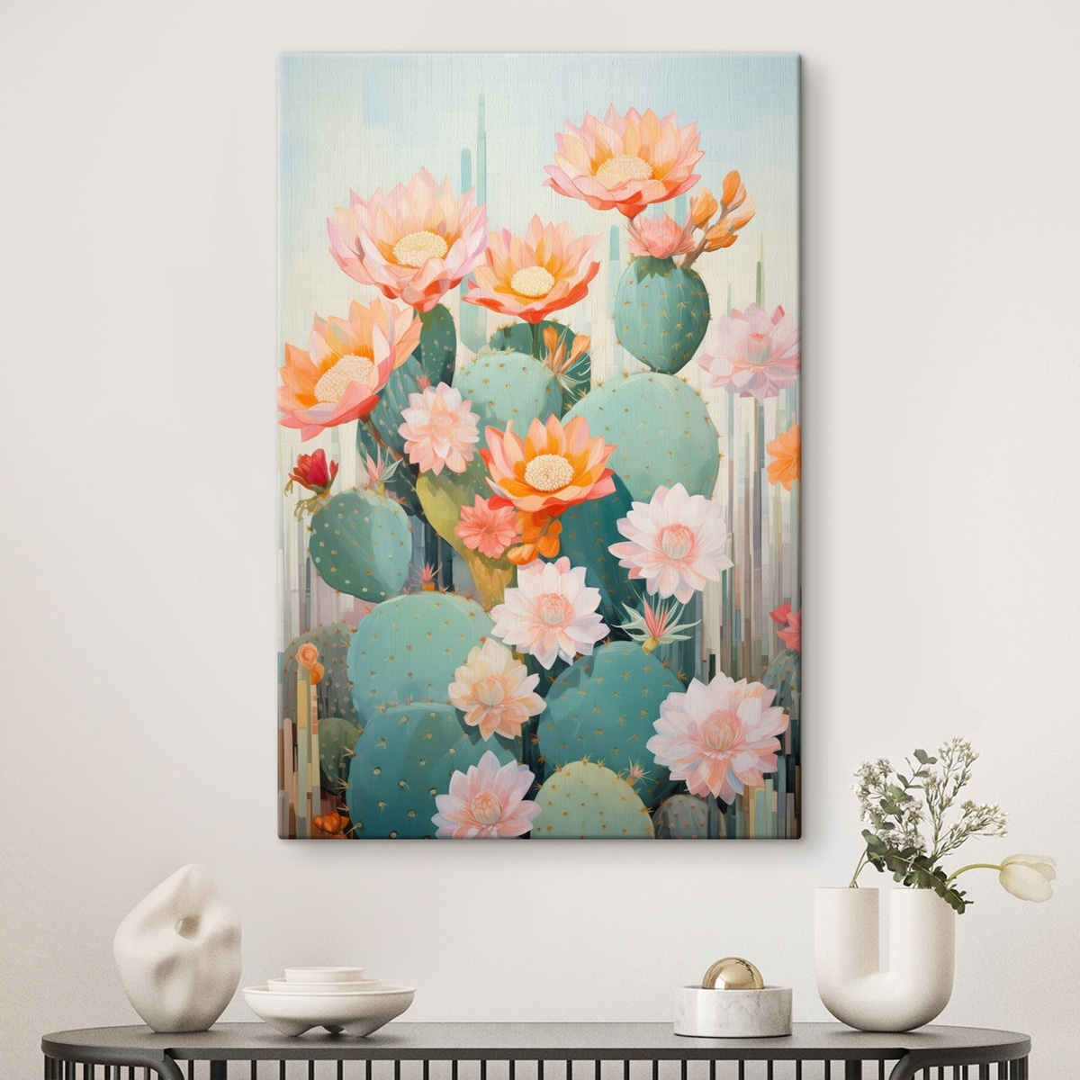 Cactusbloementuin in een zacht pastelpalet in illustratiestijl — interieur 1