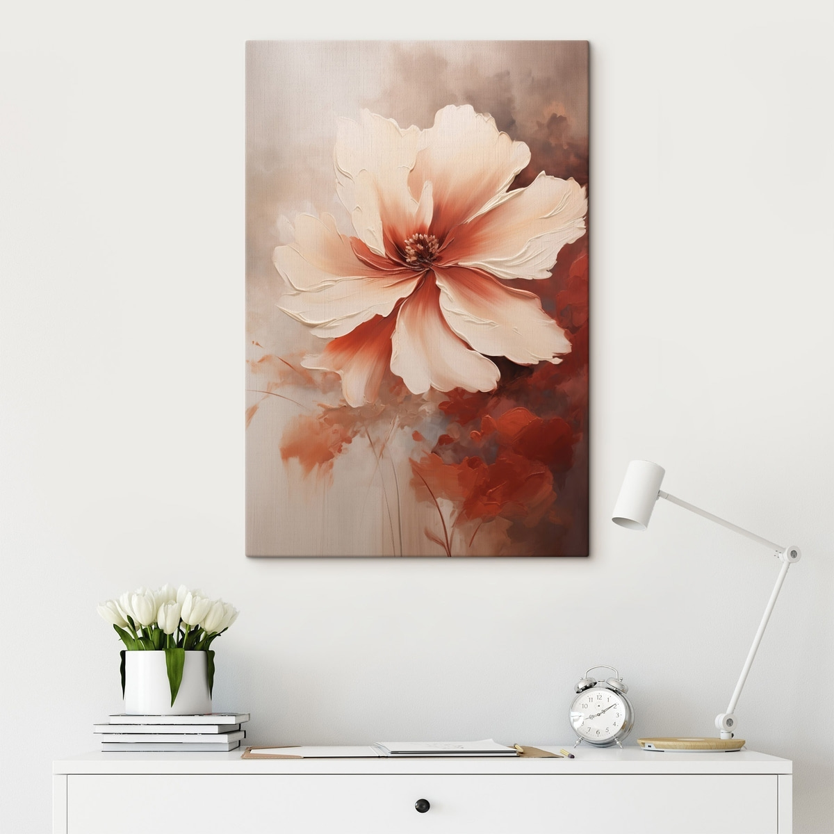 Close-up van een witte koraalbloem op een wazige achtergrond in olieverfstijl — interieur 2